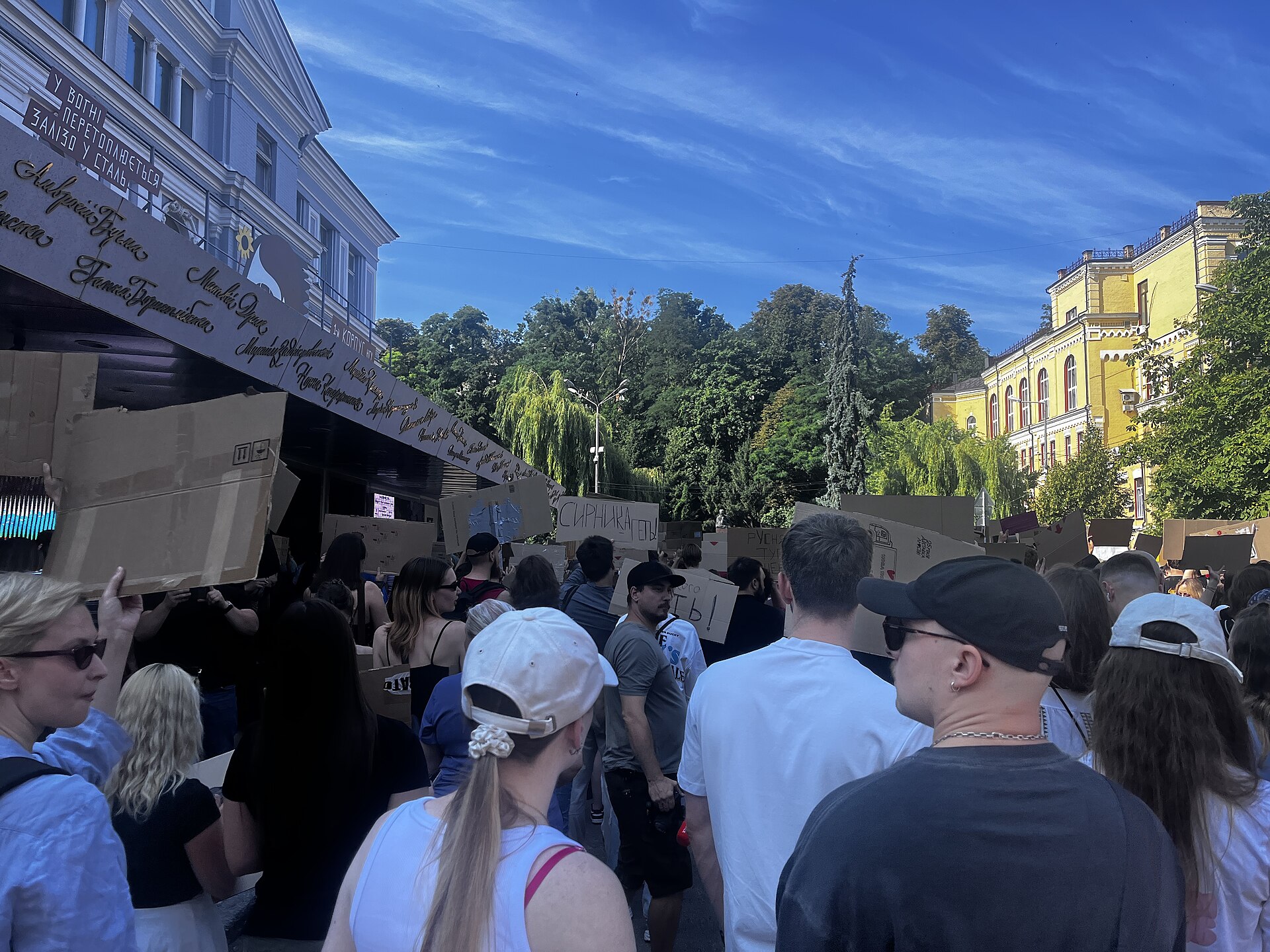 Demonstranter i Kyiv med plakater 16. juli 2026