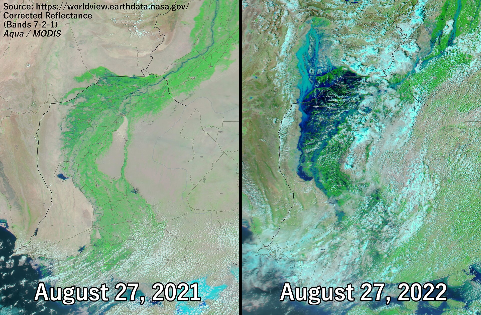 NASA-satellittbilder sammenligner Sindh i Pakistan 27. august 2021 og under storflommen 27. august 2022